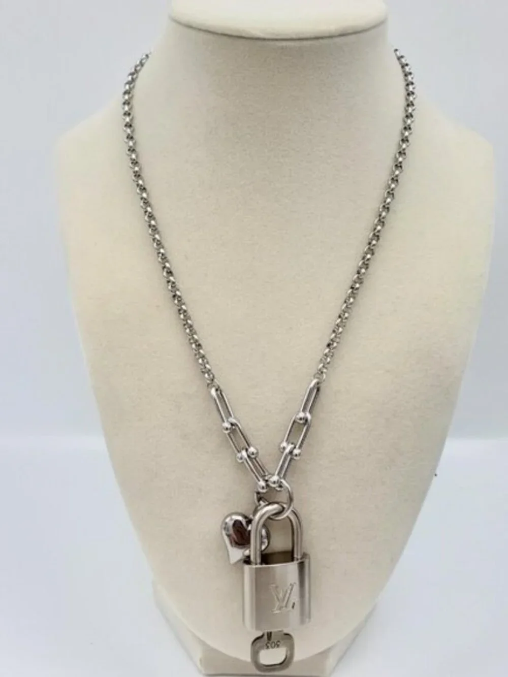 Stainless Steel Silver-Plated Necklace + Authentic Louis Vuitton Lock Pendant